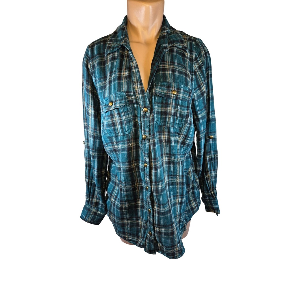 Penningtons Plus Size Flannel Button Up Plaid Glitter Cinched Waist Pockets 2x
